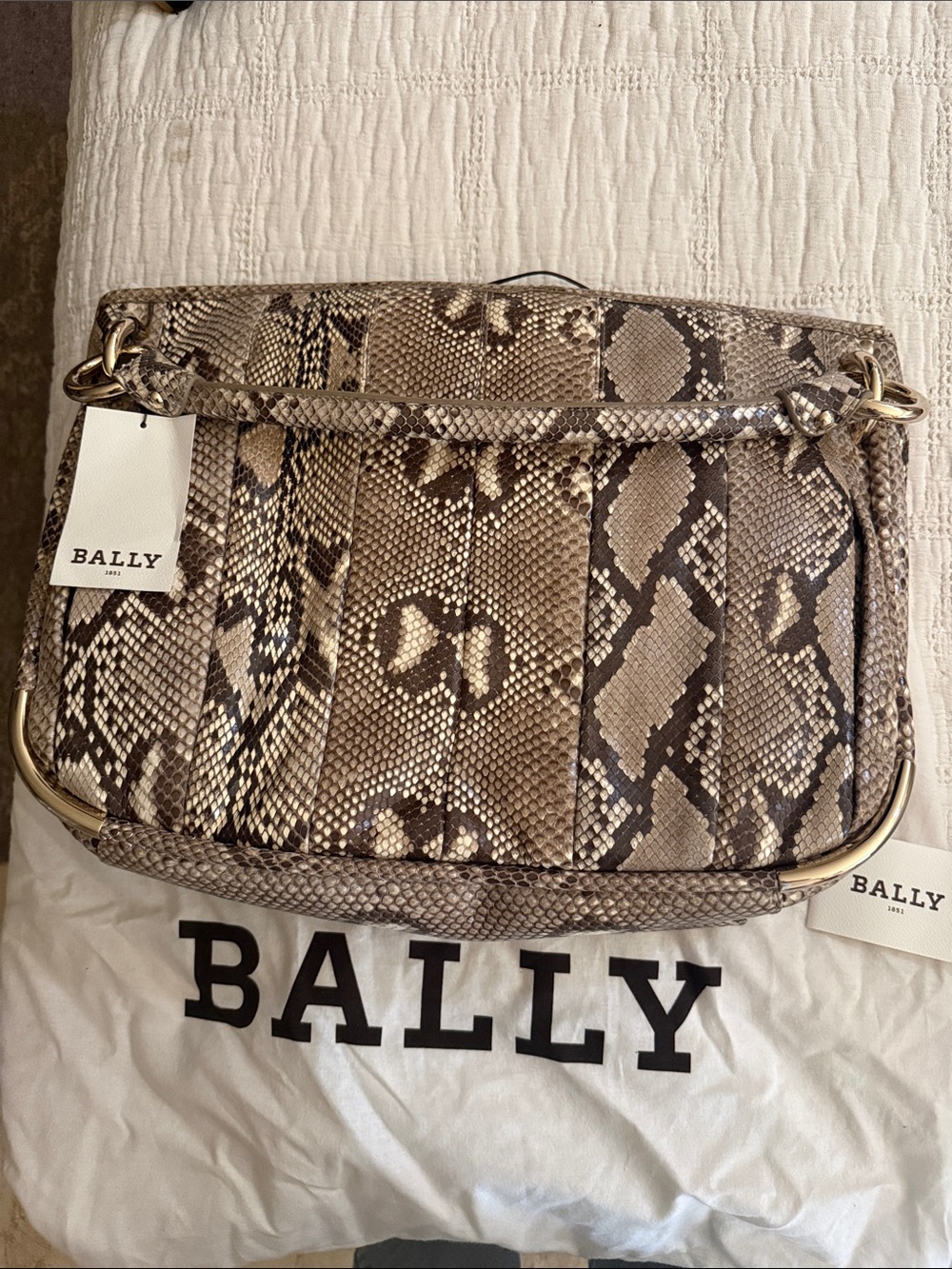 Bally Snake-Print Shoulder Bag in Taupe and Black